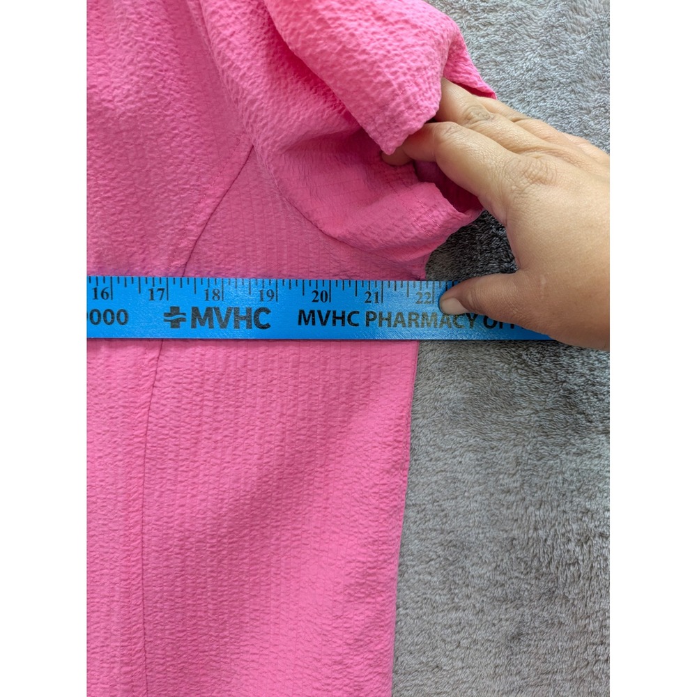 Barbiecore Button Up Blouse Womens L Pink Short Sleeve Textured Stretch Top - Picture 4 of 7